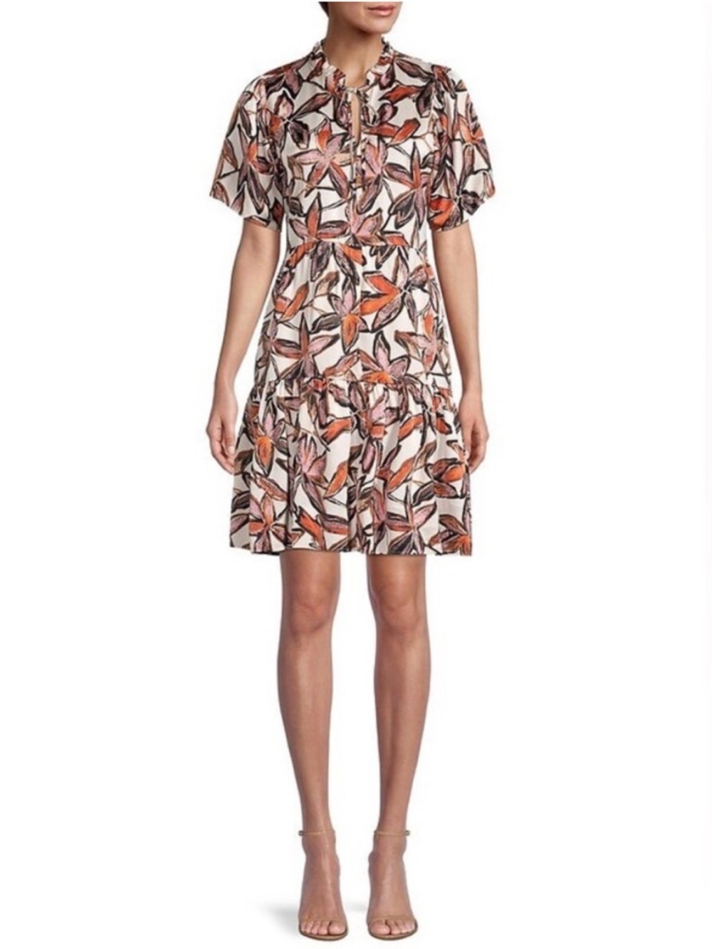 BOSS Hugo Boss Decentino Floral Print Tunic Shift Dress Sz 12 Ivory Short Sleeve